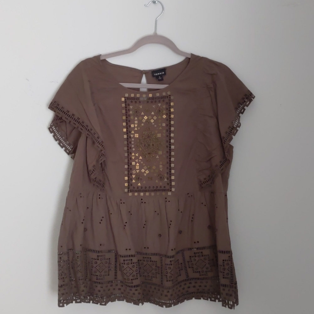 Torrid Brown Flutter Sleeve Lace Top Size 0X